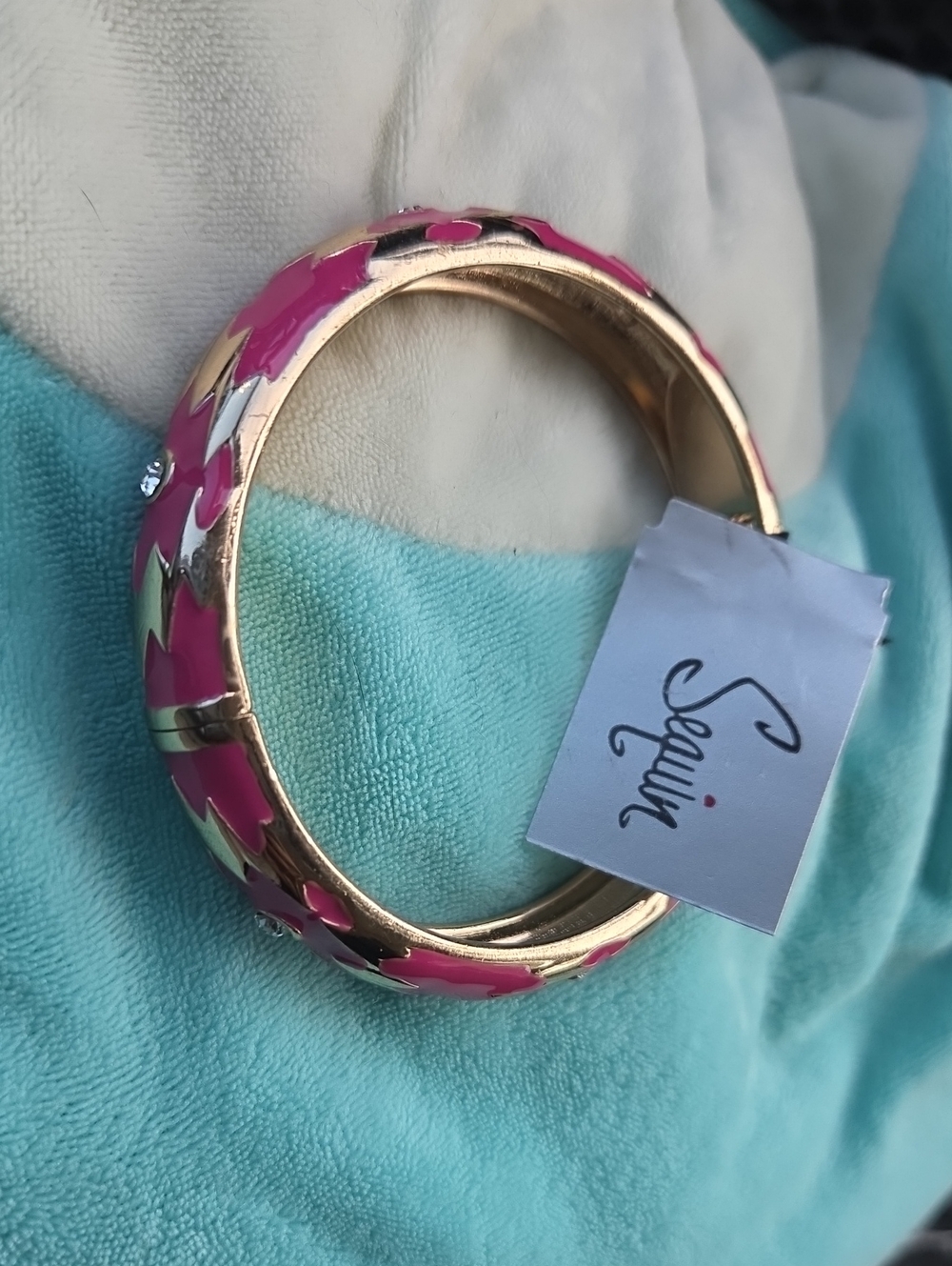 Sequin Pink Enamel & Gold Tone Rhinestone Hinge Bangle Bracelet. NWT.